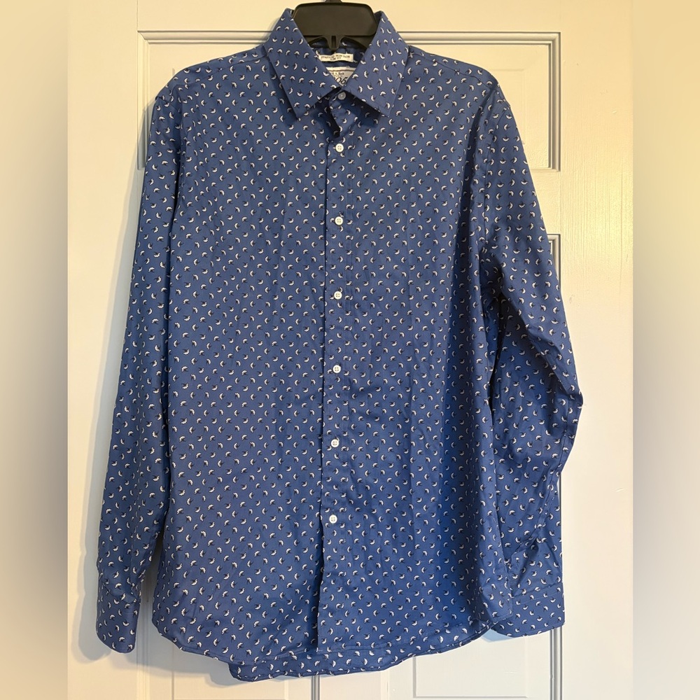 Jos. A. Bank 16-35 L No Iron Slim Fit Dark Blue Button Down Shirt White Flowers